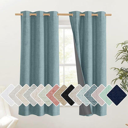 NICETOWN 100% Absolutely Blackout Linen Curtains with Thermal Insulated White Liner, Skylark Blue, 42" Wide, 63" Length Energy Saving Curtains for Small Window 2 Panels Set, Vertical Blinds