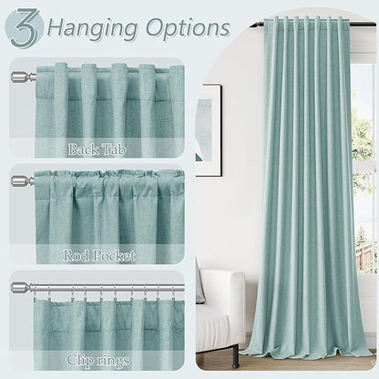 Guken 100% Blackout Linen Curtains 102 Inch Length 2 Panels Set for Living Room Bedroom Back Tab Thermal Insulated Black Out Linen Drapes Room Darkening Window Curtains,Light Blue
