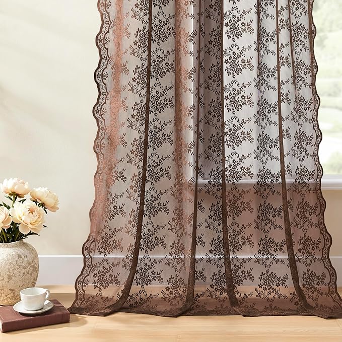 YJ YANJUN Vintage Lace Curtains 96 Inches Long-Victorian Floral Sheer Brown Curtain Panels for Living Room, Elegant Embroidered Style, Neutral Rustic Farmhouse & Cottagecor Décor 2 Panels W52 X L96