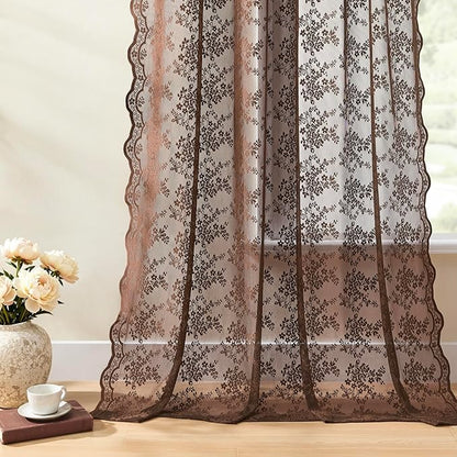 YJ YANJUN Vintage Lace Curtains 96 Inches Long-Victorian Floral Sheer Brown Curtain Panels for Living Room, Elegant Embroidered Style, Neutral Rustic Farmhouse & Cottagecor Décor 2 Panels W52 X L96
