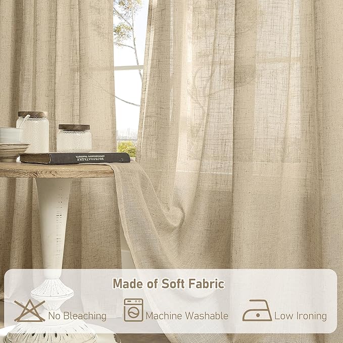 LAMIT Linen Semi Sheer Curtains 96 inches Long 2 Panels Set, Light Filtering Panels Back Tab and Rod Pocket Floor to Ceiling Curtains for Bedroom/Living Room, Brown, 52 x 96 Inch