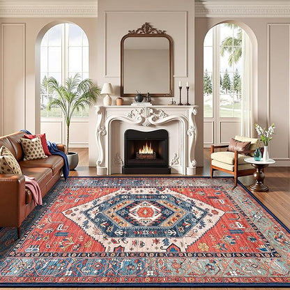 SERISSA Washable Rugs 8x10 Area Rugs, Large Non-Slip Boho Living Room Rust Rug, Ultra Soft Vintage Print Distressed Oriental Tribal Farmhouse Carpet for Dining Room Bedroom Dorm Office Home Decor