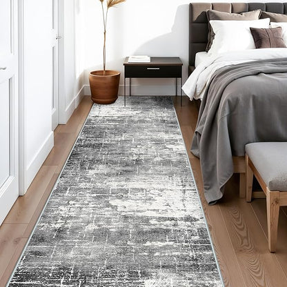 Washable 12ft Kitchen Area Rug: Abstract Entryway Rug Runner Soft Bedroom Besides Floor Mat Non-Slip Indoor Carpet for Bathroom Living Room Stain Resistant Runner for Family(2'6x12,Black/Grey)
