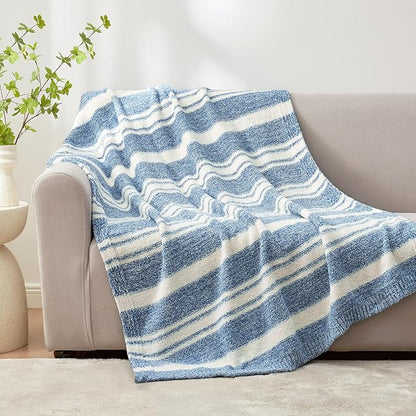 Snuggle Sac Stripe Blue Blankets Luxurious Microfiber Fabric, Reversible Super Soft Bedding Blankets Warm Cozy Knit Fuzzy Plush Blanket for Bed,Couch,Sofa,Living Room, Blue Stripe,60x80 inches