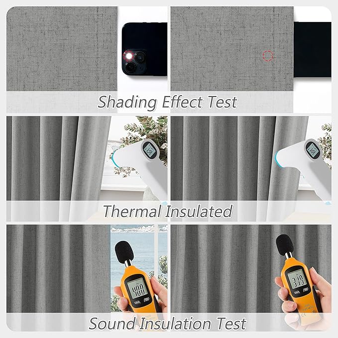 Guken Dark Grey 100% Blackout Linen Curtains 96 Inch Length 2 Panels Set for Living Room Bedroom Back Tab Rod Pocket Thermal Insulated Black Out Drapes Room Darkening Farmhouse Window Curtains,52x96