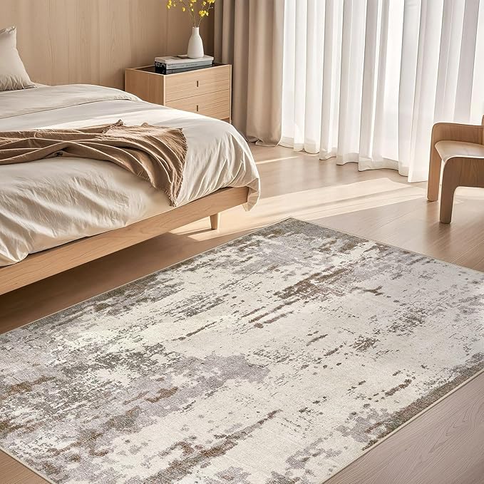 UERMEI 4x6 Area Rug Living Room Rugs - Washable Neutral Modern Abstract Soft Thin Rug Indoor Floor No Slip Rug Carpet for Bedroom Under Dining Table Home Office Decor - Brown/Grey/Beige
