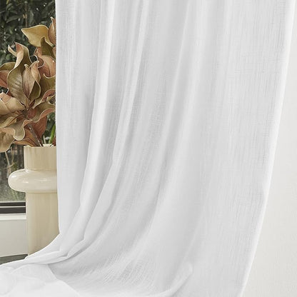 MYSKY HOME Floor to Ceiling Curtains 102 Inches White Sheer Window Drapes 2 Panel Sets Back Tab Draperies Linen Look Boho Fabric, Soft Cotton Blend Light Filtering for Living Room