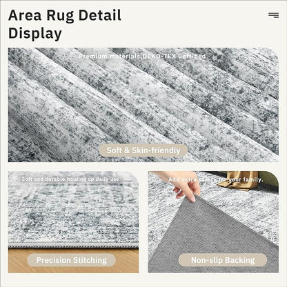 Area Rug 10x12 Vintage Washable Living Room Large Gray Carpet Non Slip Bedroom Indoor Office Dining Room Low Pile Thin Rug Grey