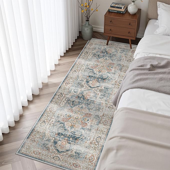 Madane Washable Runner Rug - 2x6 Rug Runners for Hallways 6 Feet Non Slip Vintage Kitchen Runner Rug Ultra-Thin Bathroom Runner Rugs Carpet Laundry Room Bedroom (2x6ft, Navy)