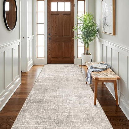 Hallway 4x10 Washable Runner Rug:Stain Resistant Abstract Rug for Kitchen Entryway Farmhouse Soft Carpet for Bathroom Bedroom Thin Laudry Living Room Floor Mat with Non Slip Backing(4x10,Beige/Cream)