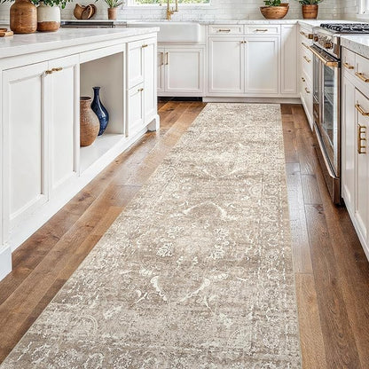 2'6"x14' Washable Hallway Runner Rug - Non Slip Kitchen Runner Rugs with Rubber Backing Vintage Low-Pile Carpet Runners for Entryway Dining Room Laundry Room Home Decor (Beige)