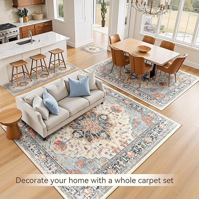 RELEANY Area Rugs 6'x9' Washable Non-Slip, Floral Vintage Distress Print Pattern Medallion Carpet for Living Room Bedroom Dining Room, Beige Navy Blue Orange Colorful