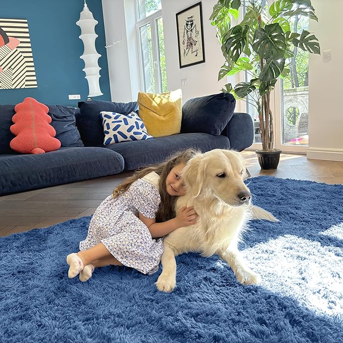 OLANLY 9x12 Machine Washable Large Area Rugs for Living Room, Bedroom, Soft Fluffy Shaggy Bedside Rug, Indoor Floor Carpet for Kids Girls and Boys, Dorms, Nursery, Home Decor, Blue