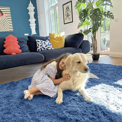 OLANLY 3x5 Machine Washable Small Bedside Rug, Soft Fluffy Shaggy Rugs for Living Room, Bedroom, Indoor Floor Carpet for Kids Girls and Boys, Preppy Dorms, Nursery, Home Decor Aesthetic, Blue