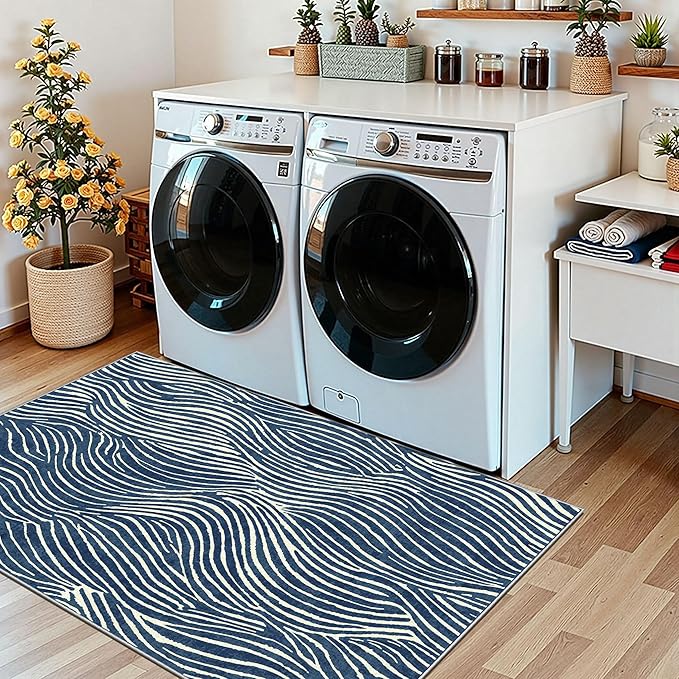 Modern Outdoor Rug - 28" x 43" Front Door Mat Indoor Outside Entrance Non-Slip Washable Outdoor Mat Navy Blue White Ocean Waves Rug for Entryway Kitchen Bedroom Layered Doormat for Front Porch