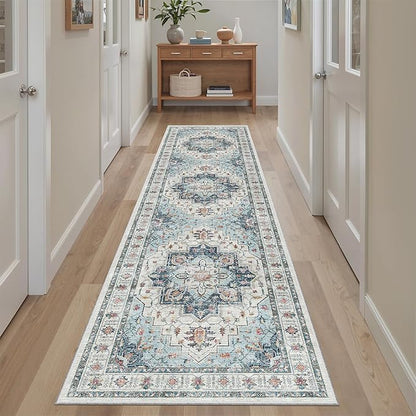 Madane Runner Rug 2x8, Washable Hallway Runner Rugs, Non-Slip Low-Pile Soft Kitchen Rug Runner Laundry Room Rug, Vintage Throw Entry Foyer Mat for Entrance Living Room (Blue, 2 x 8)