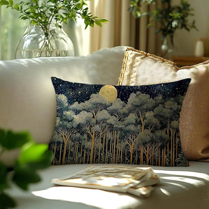 Rustic William Morris Night Forest Green Moon Decor Pillow Covers 12x20,Vintage Botanical Nature Landscape Decorative Throw Pillow Covers for Home Bedroom Living Room