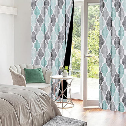 Beauoop 100% Blackout Curtains 63 Inches Long 2 Panels for Bedroom Living Room Aqua Grey Moroccan Geo Room Darkening Thermal Insulated Soundproof Rod Pocket Back Tab Window Treatments Drapes, 50x63