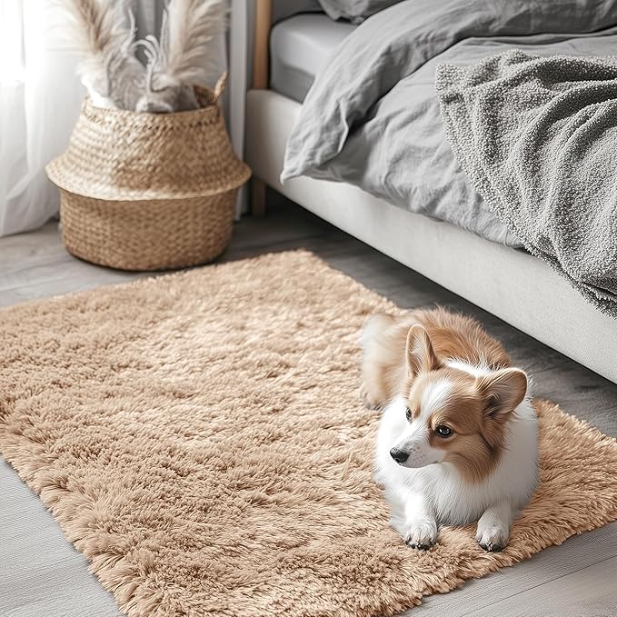 OLANLY 3x3 Machine Washable Small Bedside Rug, Soft Fluffy Shaggy Entryway Throw Rugs for Bedroom, Living Room, Indoor Floor Carpet for Kids Girls and Boys, Nursery Rooms, Home Decor Aesthetic, Beige