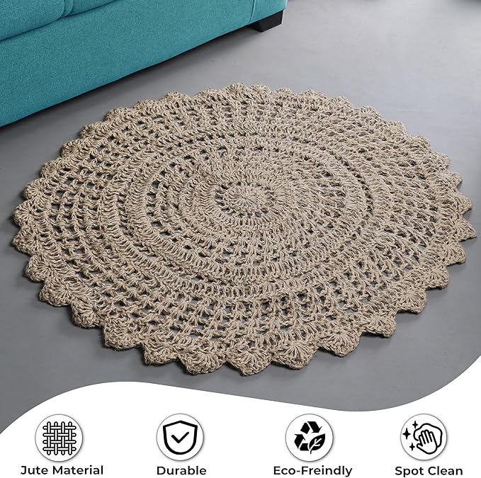 Hausattire Hand Woven Jute Crochet Rug, 3’ Round – Natural, Anti-Slip Accent Boho Entry Area Rugs for Kitchen, Living Room I Farmhouse Decorative Floor Rug, 3 Feet Round