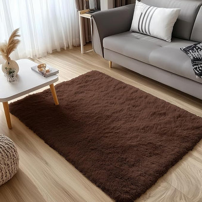 OLANLY 4x4 Machine Washable Accent Rug, Soft Fluffy Shaggy Area Rug for Bedroom, Living Room, Indoor Floor Carpet for Kids, Nursery, Home Decor, Coffee