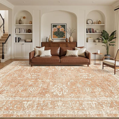 Madane 8x10 Area Rugs for Living Room, Machine Washable Vintage Rug with Non-Slip Backing, Soft Floral Print Large Throw Rugs, Thin Carpet for Bedroom Dining Room Farmhouse (8 x 10, Jasper Orange)