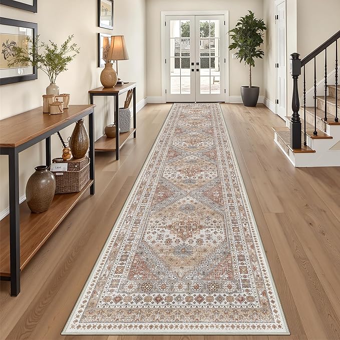 3x14 Runner Rug for Hallway, Non-Slip Long Kitchen Mats for Floor, Vintage Washable Rug for Entryway, Soft Hallway Runner for Dining Room, Bedroom, Living Room(Orange,3'x14')