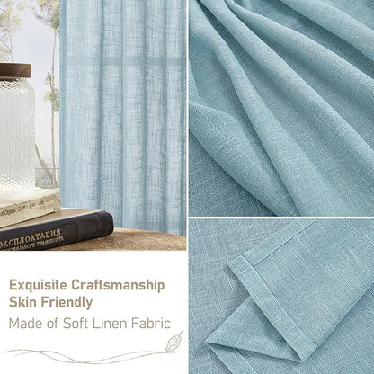 LAMIT Short Linen Curtains 30 Inch Length for Cafe, Semi Sheer Light Filtering Panels Back Tab and Rod Pocket Room Decor Drapes for Basement/Small Window, Stone Blue, 2 Panels, 34 x 30 Inch
