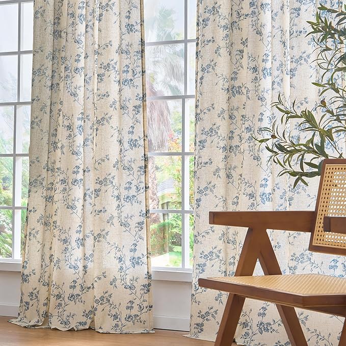 Lazzzy Linen Farmhouse Curtains Blue Floral Curtains 63 Inch Length Back Tab Drapes for Living Room Bedroom Light Filtering Country Vintage Rod Pocket Curtain, 2 Panels, Blue on Beige