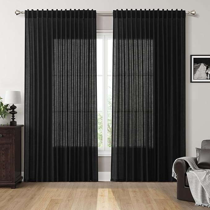 Extra Wide 100 Inch Linen Curtains for Living Room Divider Light Filtering Semi Sheer Back Tab Patio Curtains for Sliding Door Black Coastal Decor Sunroom Floor to Ceiling Window Curtain 100x84