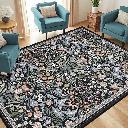 Area Rug Living Room Rugs: Floral 5x7 Washable Rug Vintage Soft Boho Non-Slip Carpet Indoor Stain Resistant Large Carpets for Bedroom Dining Room Farmhouse Nursery Hallway Home Office Dark Black
