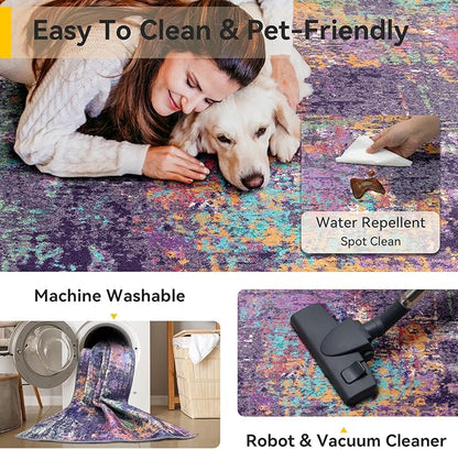 Washable Area Rugs 8ft Non-Slip Modern Abstract Soft for Living Room Entryway Bedroom Nursery, Print Pattern, Purple Orange Blue Green Rust Red Colorful