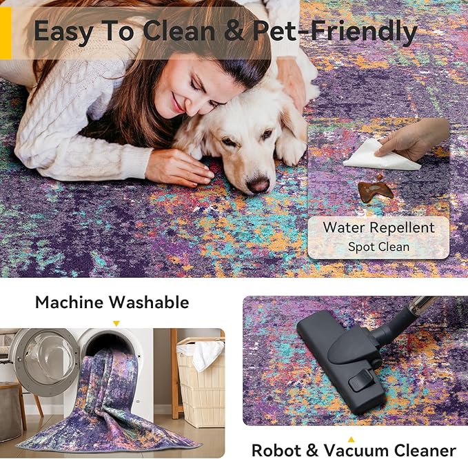 Washable Area Rugs 8'x10' Non-Slip Modern Abstract Soft for Living Room Entryway Bedroom Nursery, Print Pattern, Purple Orange Blue Green Rust Red Colorful