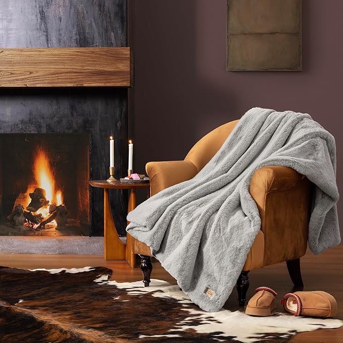 UGG Euphoria Faux Fur Throw Blanket, Oversized Warm Throw for Couch or Chair, Luxury Bedroom Decor, Cozy Soft Blankets, Machine Washable, 50-inch x 70-inch, Seal Grey