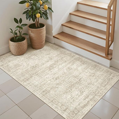 3x4 Rug, Small Area Rug for Kitchen, Entryway, Machine Washable Non-Slip Throw Rug, Vintage Carpet for Nursery Coffee Table Beige