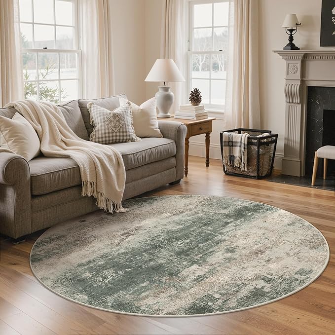 BEIMO Round Rugs 6FT for Living Room Bedroom, Modern Abstract Machine Washable Circle Rug, Soft Low Pile Floor Cover with Non Slip Backing for Dining Room, Grey/Dark Green