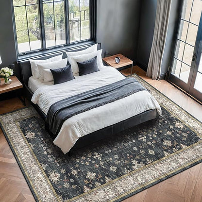 Black Boho Living Room Rug 5x7, Washable Dark Vintage Moody Low Pile Non Slip Carpet for Bedroom, Dinning Room, Office, Farmhouse, Retro Area Rug Indoor Decor (5x7 Black/Multi)