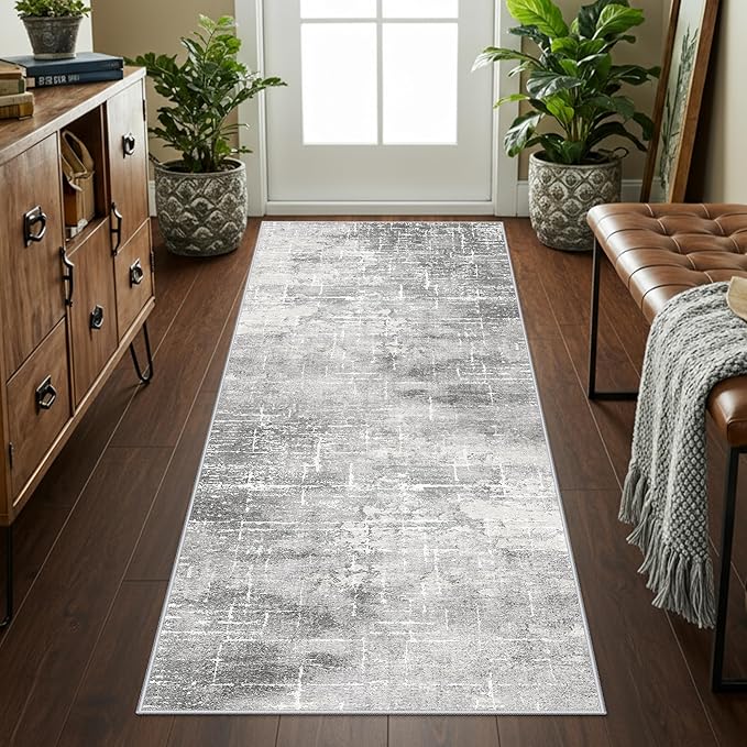 Washable Abstract 2x6 Kitchen Rug: Non-Slip Sink Stove Floor Mat Water-Resistant Entryway Bathroom Carpet Soft Dining Room Bedroom Runner for Family with Elderly Dogs Modern Home Decor(2x6 Light/Grey)