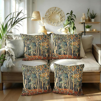 Rustic William Morris Inspired Autumn Forest Decor Pillow Covers 18x18 Set of 4,Fall Home Room Decor, Vintage Botanical Nature Decorative Throw Pillow Covers for Home Bedroom Living Room