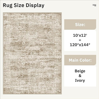 Area Rug 10x12 Vintage Washable Living Room Large Carpet Non Slip Bedroom Indoor Office Dining Room Low Pile Thin Rug Brown