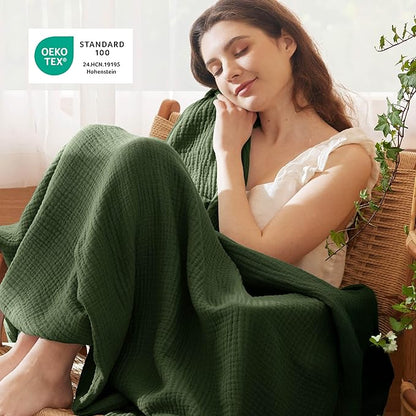 Bedsure 100% Cotton Muslin Blanket Queen Size for Bed - 4-Layer Breathable and Lightweight Thin Soft Summer Gauze Muslin Blankets for Adults, Olive Green, 90x90 Inches