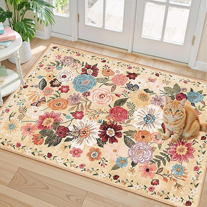 Floral Rug for Entryway, 2x3 Washable Kitchen Mat Ultra-Thin Soft, Non-Slip Indoor Door Carpet Stain Resistant Boho Small Low-Pile Throw for Bathroom Bedroom (Yellow Garden, 2 x 3)