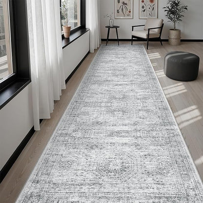 Runner Rug 3x12 Washable Non-Slip Hallway Runner Rugs for Kitchen Bathroom Laundry Room Grey Vintage Floor Carpet Runners for Hallways Entryway