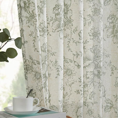 jinchan Pinch Pleated Curtains Floral Linen Blend Curtains for Living Room 84 Inches Length Green Peony Flower Printed Curtain Rod Pocket Back Tab Farmhouse Drapes with Hooks Set 2 Panels