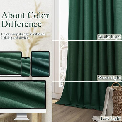 Guken Dark Green 100% Blackout Curtains 96 Inch Length 2 Panels Set for Living Room Bedroom Back Tab Thermal Insulated Black Out Linen Drapes Decor 52x96 Long