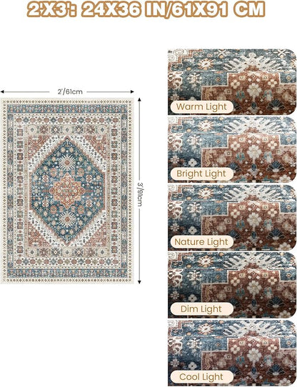 Entryway Rug - 2x3 Washable Rug Runner for Bathroom, Laundry Room, Kitchen, Soft Vintage Hallway Runner for Bedroom, Non-Slip Door Mat Indoor Entrance(Blue/Red,2'x3')