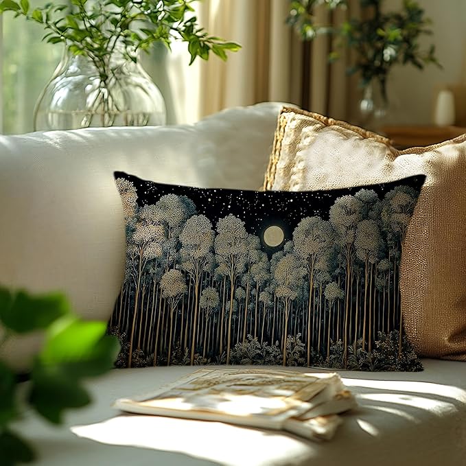 Rustic William Morris Inspired Night Forest Green Moon Pillow Covers 12x20 Double-Sided,Vintage Botanical Nature Landscape Decorative Throw Pillow Covers for Home Bedroom Living Room