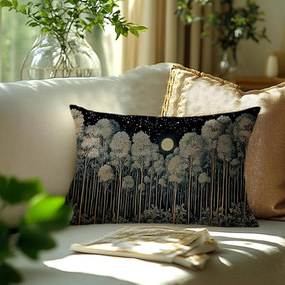 Rustic William Morris Inspired Night Forest Green Moon Pillow Covers 12x20 Double-Sided,Vintage Botanical Nature Landscape Decorative Throw Pillow Covers for Home Bedroom Living Room