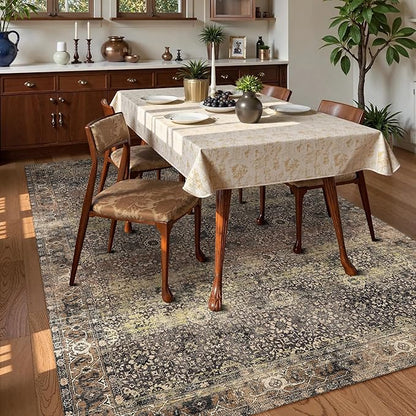 Washable Area Rug 8' x 10' Vintage Traditional Persian Mat - Foldable Distressed Non-Slip Machine Washable Carpet for Living Room Bedroom Kitchen Home Decor - Umber and Slate
