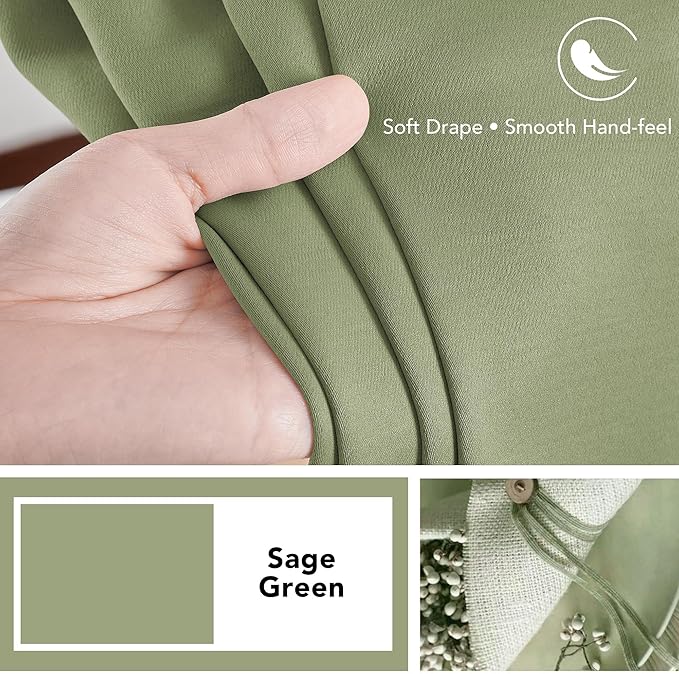 Deconovo Blackout Curtains, Thermal Insulated, W42 x L63 2 Panels, Back Tab, Machine Washable, Room-Darkening Drapes for Bedroom/Living Room Sage Green